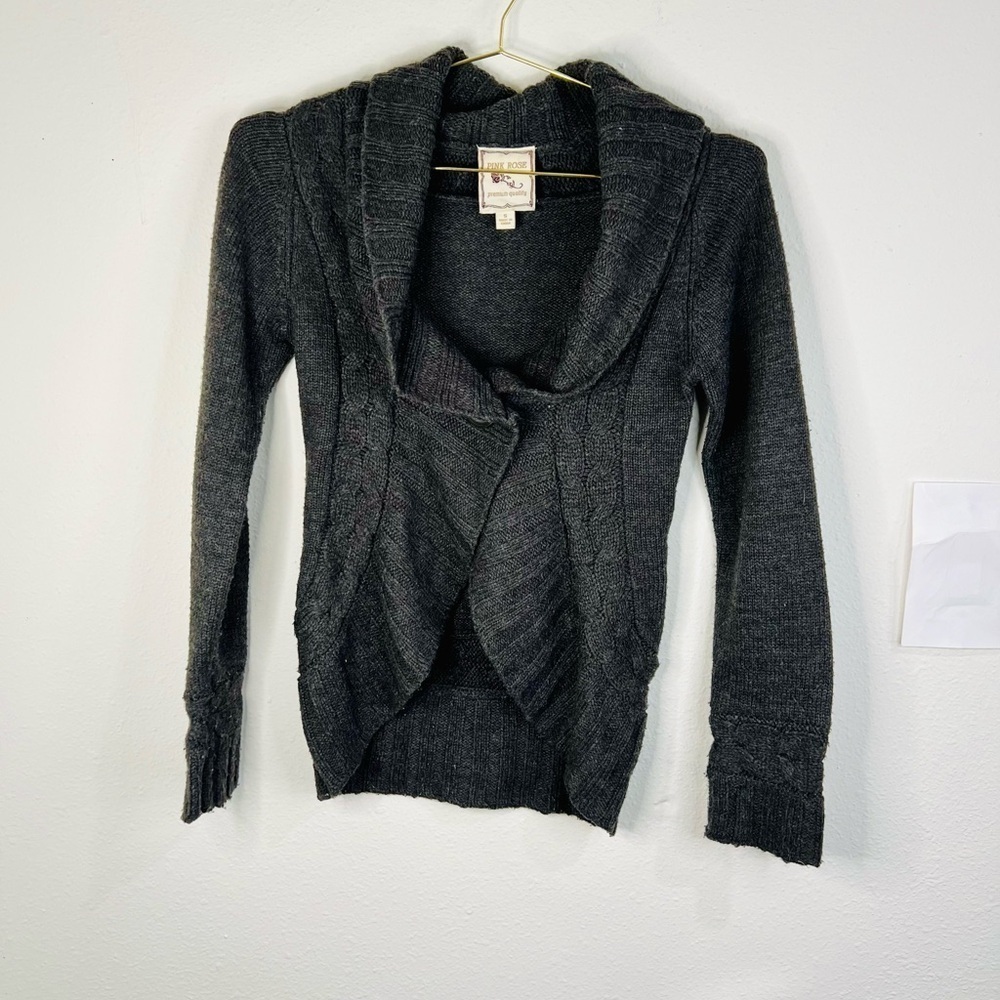 Pink Rose Women’s Cable Knit Cardigan Sweater, Dark Gray, Size Small Cozy Winter